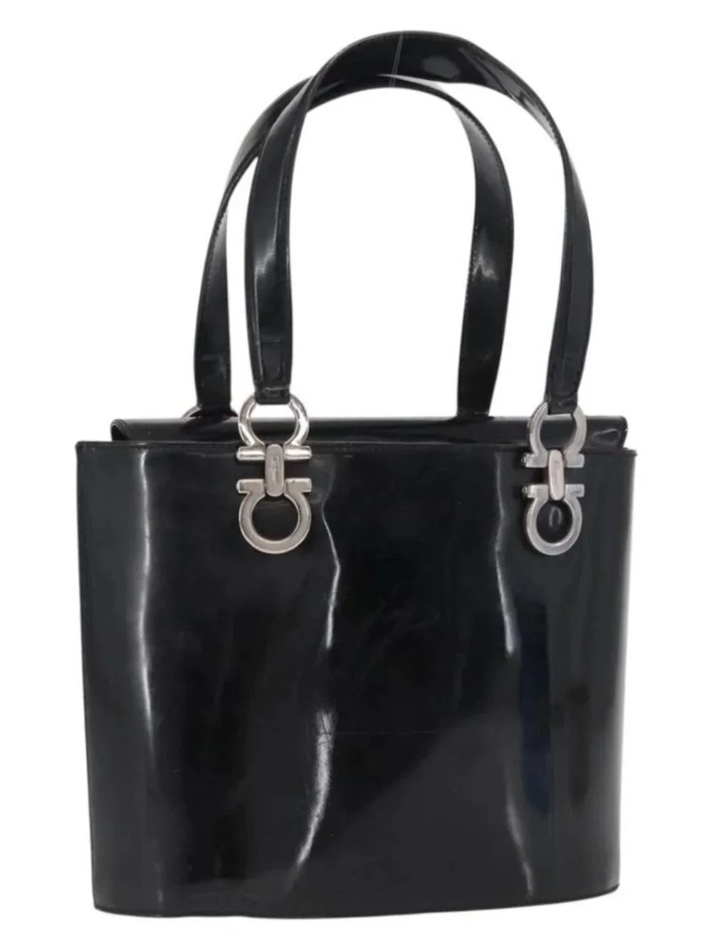 Salvatore Ferragamo Hand Bag Patent leather Black Silver Auth 163984